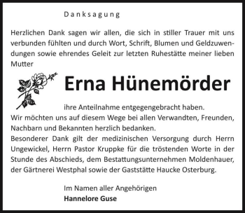 Traueranzeige von Erna Hünemörder  von Magdeburger Volksstimme