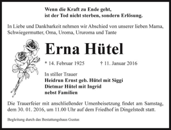 Traueranzeige von Erna Hütel  von Magdeburger Volksstimme