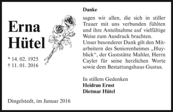Traueranzeige von Erna Hütel  von Magdeburger Volksstimme