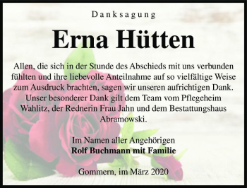 Traueranzeige von Erna Hütten  von Magdeburger Volksstimme