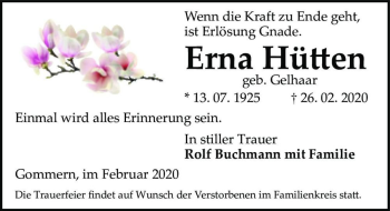 Traueranzeige von Erna Hütten (geb. Gelhaar)  von Magdeburger Volksstimme