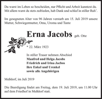 Traueranzeige von Erna Jacobs (geb. Otte)  von Magdeburger Volksstimme