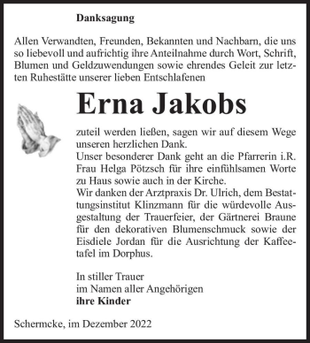 Traueranzeige von Erna Jakobs  von Magdeburger Volksstimme