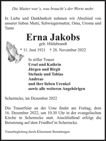 Traueranzeige von Erna Jakobs (geb. Hildebrandt)  von Magdeburger Volksstimme