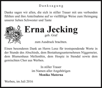 Traueranzeige von Erna Jecking (geb. Graf)  von Magdeburger Volksstimme