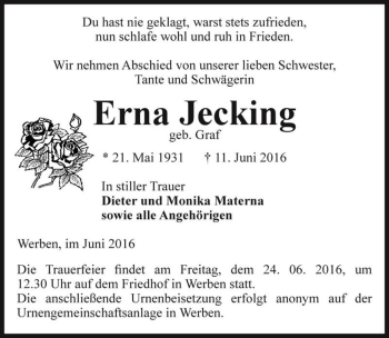 Traueranzeige von Erna Jecking (geb. Graf)  von Magdeburger Volksstimme