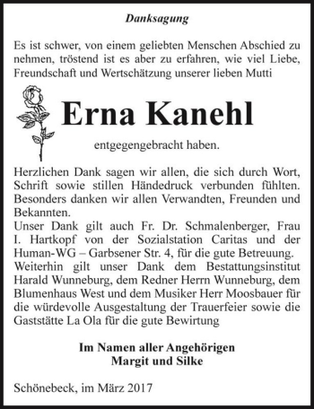 Traueranzeige von Erna Kanehl  von Magdeburger Volksstimme