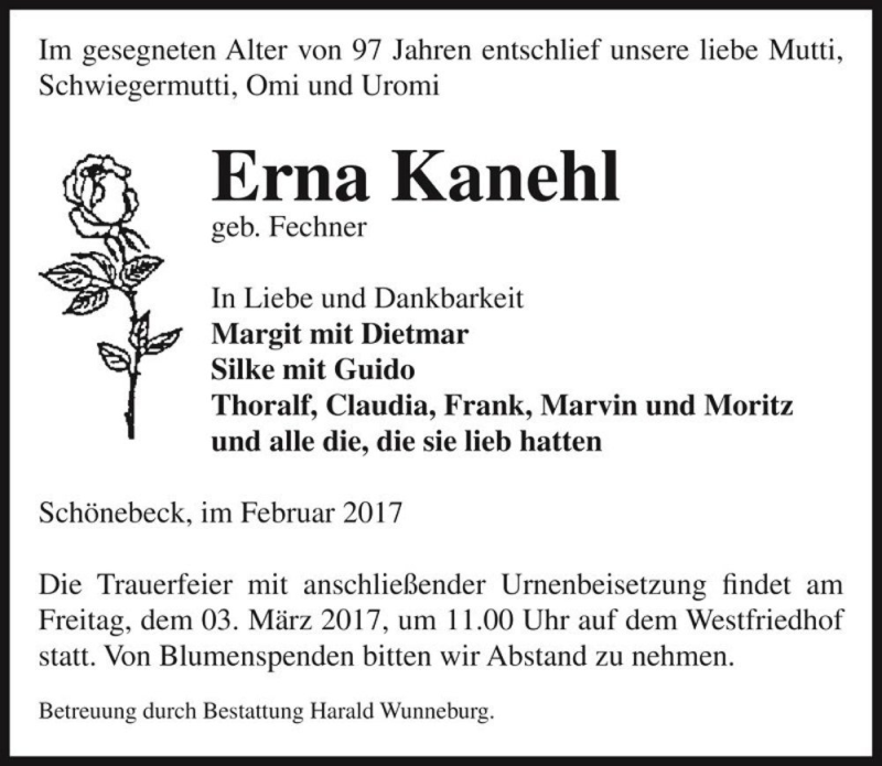  Traueranzeige für Erna Kanehl (geb. Fechner)  vom 25.02.2017 aus Magdeburger Volksstimme