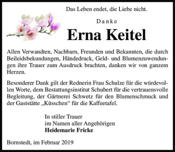 Traueranzeige von Erna Keitel  von Magdeburger Volksstimme