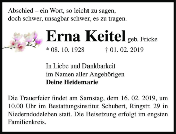 Traueranzeige von Erna Keitel (geb. Fricke)  von Magdeburger Volksstimme