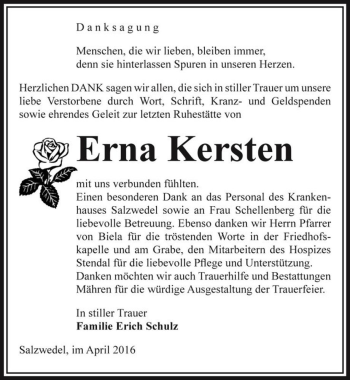 Traueranzeige von Erna Kersten  von Magdeburger Volksstimme