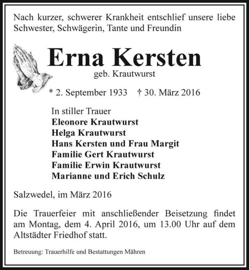  Traueranzeige für Erna Kersten (geb. Krautwurst)  vom 01.04.2016 aus Magdeburger Volksstimme