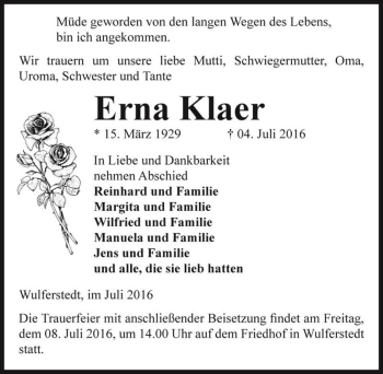 Traueranzeige von Erna Klaer  von Magdeburger Volksstimme