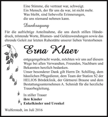 Traueranzeige von Erna Klaer  von Magdeburger Volksstimme