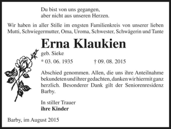 Traueranzeige von Erna Klaukien (geb. Sieke)  von Magdeburger Volksstimme