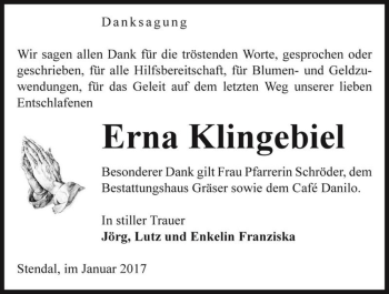 Traueranzeige von Erna Klingebiel  von Magdeburger Volksstimme