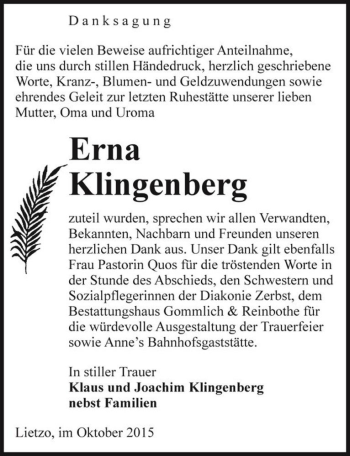 Traueranzeige von Erna Klingenberg  von Magdeburger Volksstimme