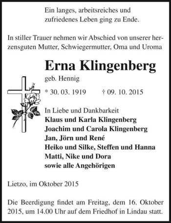 Traueranzeige von Erna Klingenberg (geb. Hennig)  von Magdeburger Volksstimme