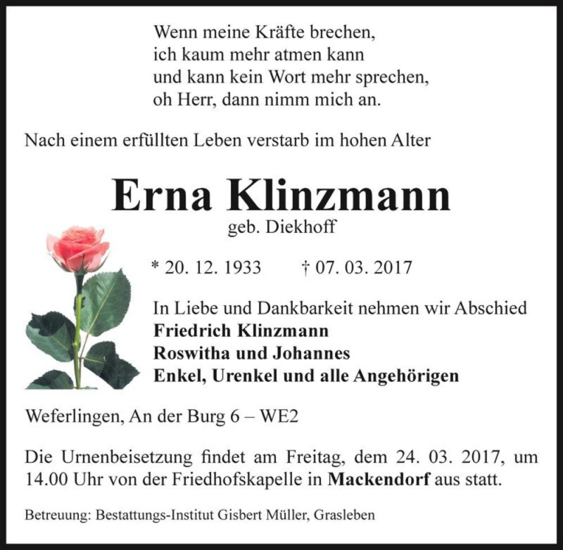  Traueranzeige für Erna Klinzmann (geb. Diekhoff)  vom 14.03.2017 aus Magdeburger Volksstimme
