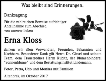 Traueranzeige von Erna Kloss  von Magdeburger Volksstimme