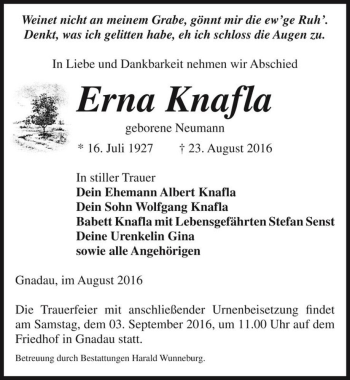 Traueranzeige von Erna Knafla (geb. Neumann)  von Magdeburger Volksstimme