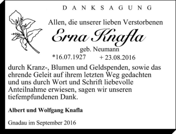 Traueranzeige von Erna Knafla (geb. Neumann)  von Magdeburger Volksstimme