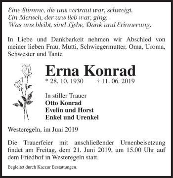 Traueranzeige von Erna Konrad  von Magdeburger Volksstimme