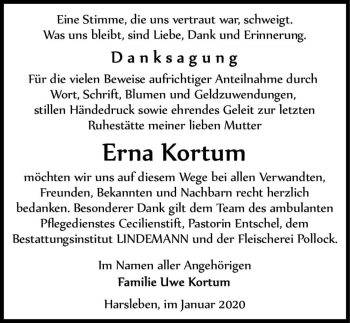 Traueranzeige von Erna Kortum  von Magdeburger Volksstimme