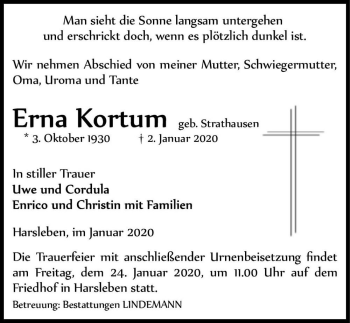 Traueranzeige von Erna Kortum (geb. Strathausen)  von Magdeburger Volksstimme