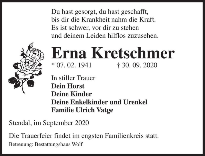  Traueranzeige für Erna Kretschmer  vom 02.10.2020 aus Magdeburger Volksstimme