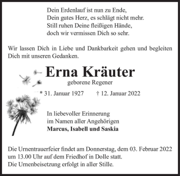 Traueranzeige von Erna Kräuter (geb. Regener)  von Magdeburger Volksstimme