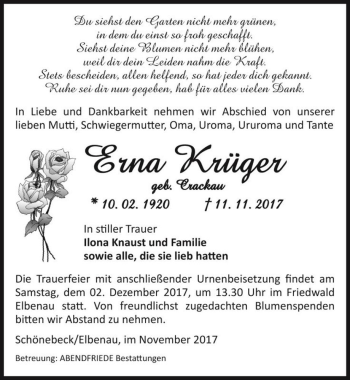 Traueranzeige von Erna Krüger (geb. Crackau)  von Magdeburger Volksstimme