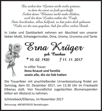 Traueranzeige von Erna Krüger (geb. Crackau)  von Magdeburger Volksstimme