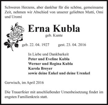 Traueranzeige von Erna Kubla (geb. Kunte)  von Magdeburger Volksstimme
