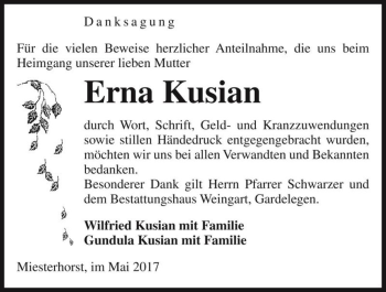 Traueranzeige von Erna Kusian  von Magdeburger Volksstimme