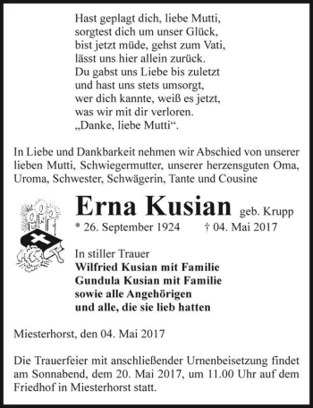 Traueranzeige von Erna Kusian (geb. Krupp)  von Magdeburger Volksstimme