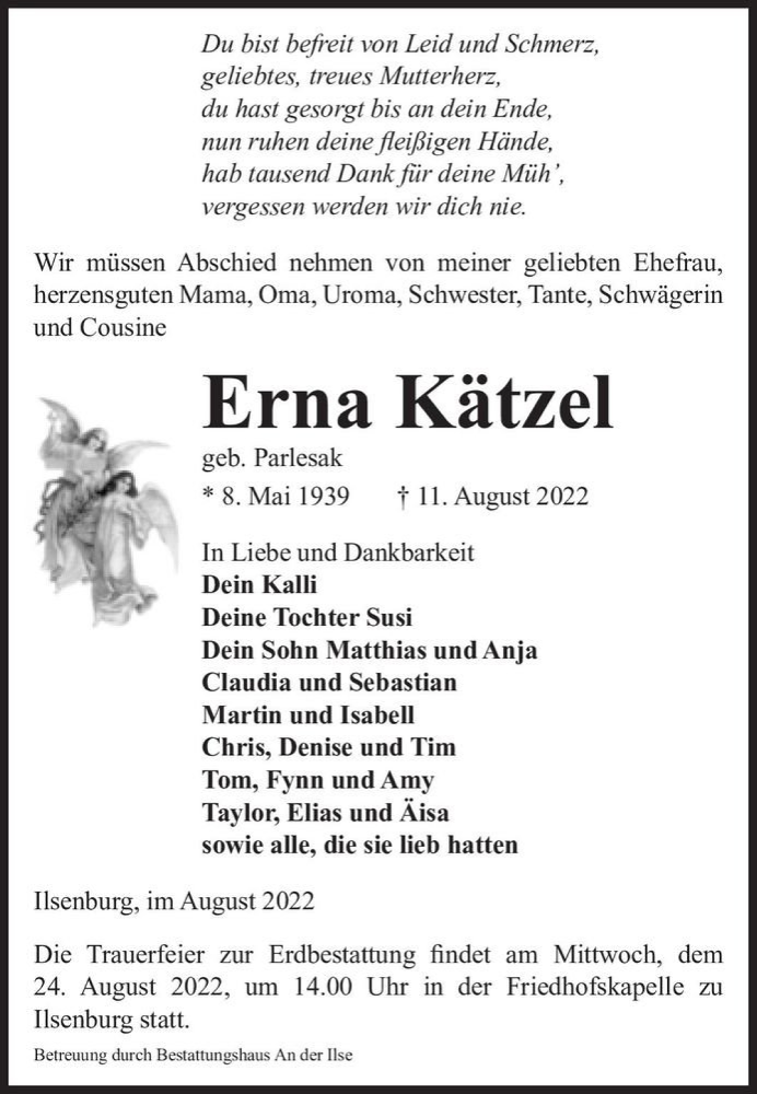  Traueranzeige für Erna Kätzel (geb. Parlesak)  vom 20.08.2022 aus Magdeburger Volksstimme