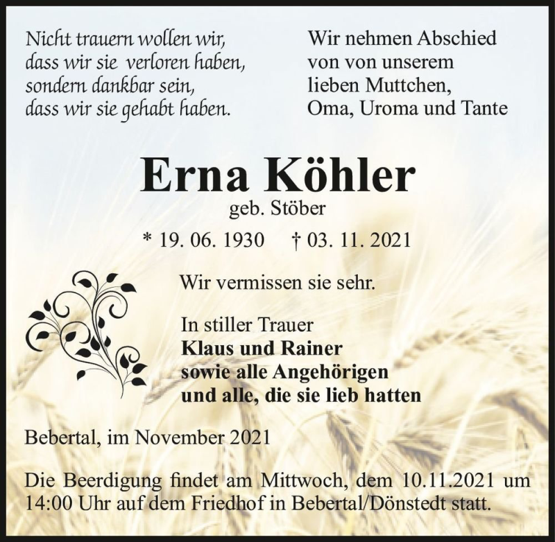  Traueranzeige für Erna Köhler (geb. Stöber)  vom 08.11.2021 aus Magdeburger Volksstimme