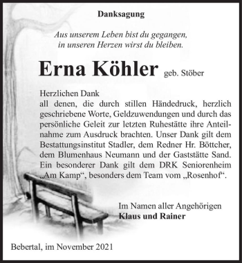 Traueranzeige von Erna Köhler (geb. Stöber)  von Magdeburger Volksstimme