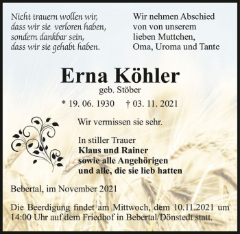 Traueranzeige von Erna Köhler (geb. Stöber)  von Magdeburger Volksstimme
