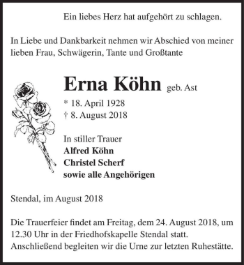 Traueranzeige von Erna Köhn (geb. Ast)  von Magdeburger Volksstimme