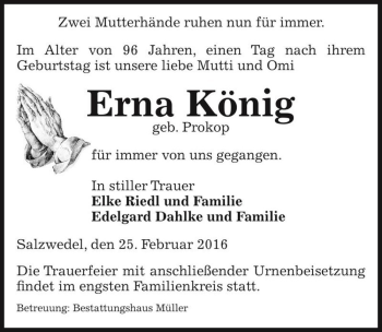 Traueranzeige von Erna König (geb. Prokop)  von Magdeburger Volksstimme