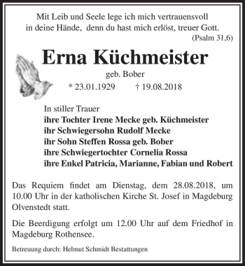 Traueranzeige von Erna Küchmeister (geb. Bober)  von Magdeburger Volksstimme