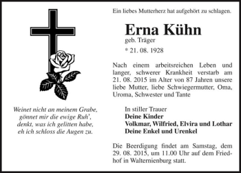 Traueranzeige von Erna Kühn (geb. Träger)  von Magdeburger Volksstimme