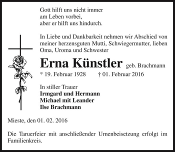 Traueranzeige von Erna Künstler (geb. Brachmann)  von Magdeburger Volksstimme