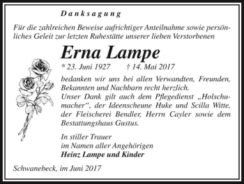 Traueranzeige von Erna Lampe  von Magdeburger Volksstimme