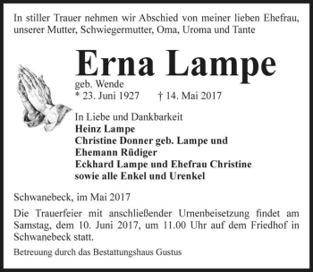 Traueranzeige von Erna Lampe (geb. Wende)  von Magdeburger Volksstimme