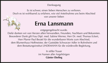 Traueranzeige von Erna Lansmann  von Magdeburger Volksstimme