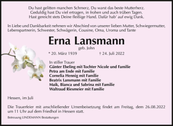 Traueranzeige von Erna Lansmann (geb. John)  von Magdeburger Volksstimme