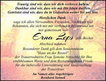 Traueranzeige von Erna Leps (geb. Becker)  von Magdeburger Volksstimme